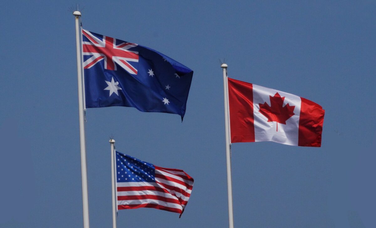 American, Australian and Canadian flags