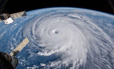 Satellite view of a hurricane over the Atlantic near the U.S. coast