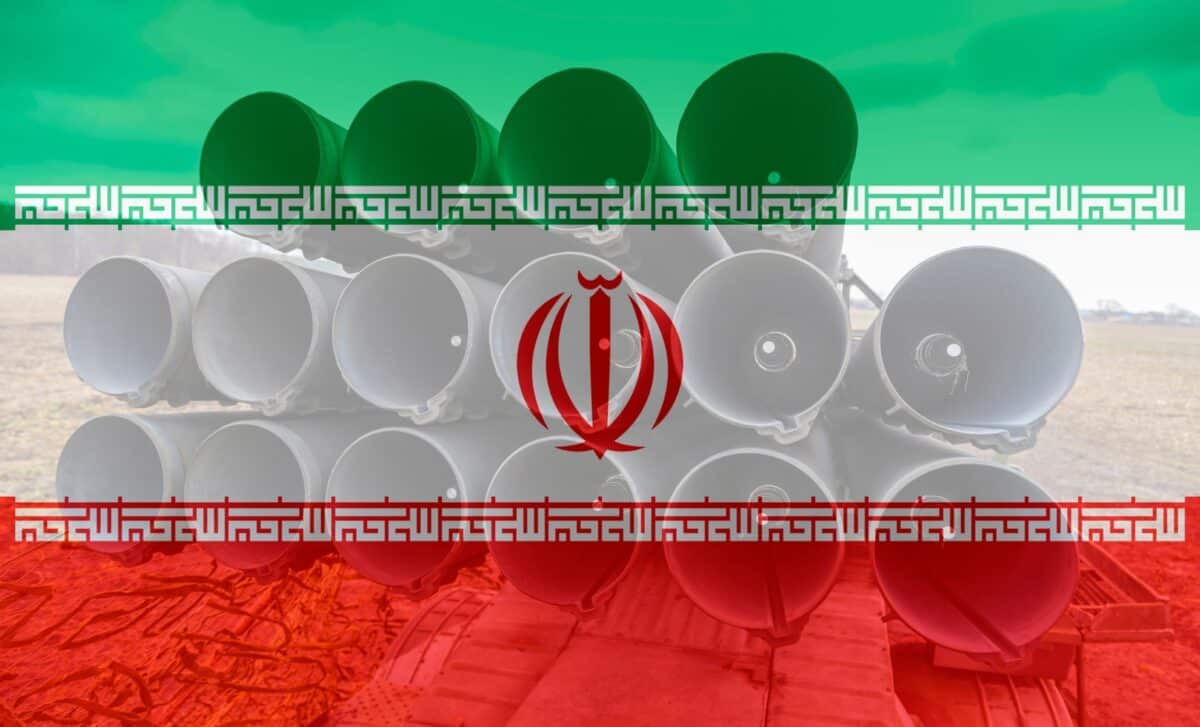 missile launcher on Iranian flag background