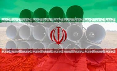 missile launcher on Iranian flag background