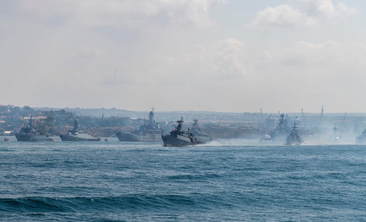 A group of modern Russian warships sails into Sevastopol Bay