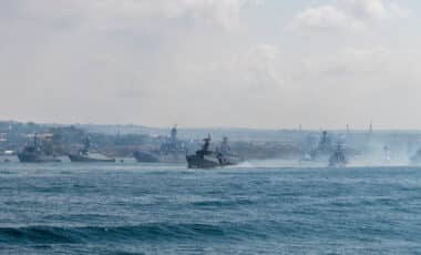 A group of modern Russian warships sails into Sevastopol Bay