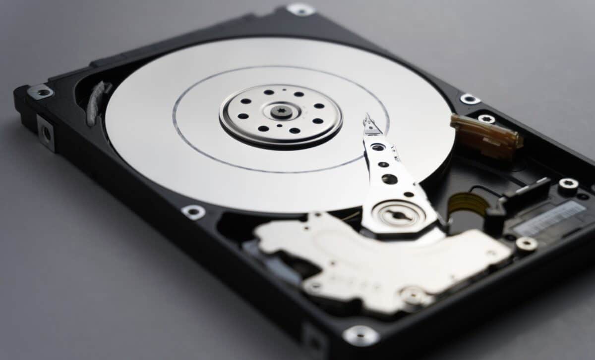 Close up of hard disk's internal mechanism hardware