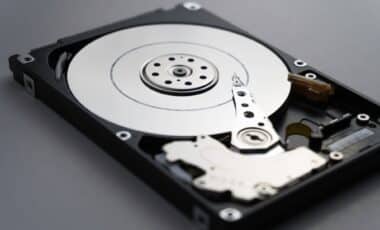 Close up of hard disk's internal mechanism hardware