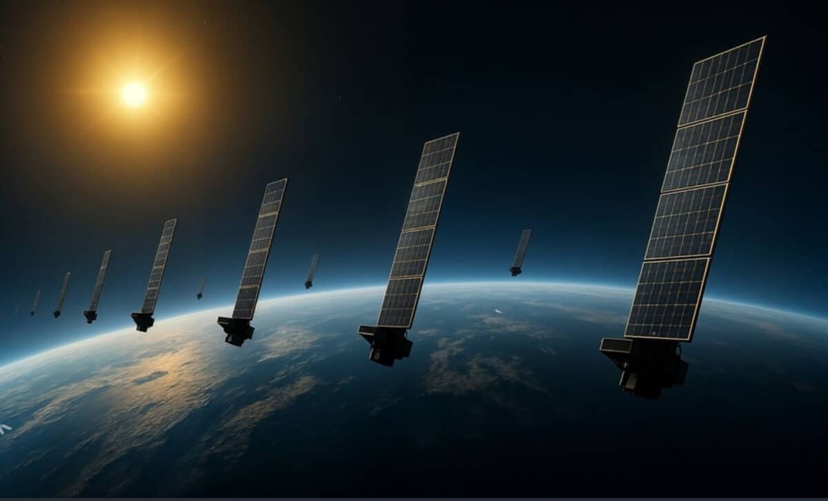 Illustration concept of a fleet of Internet Starlink satellites in orbit above planet Earth