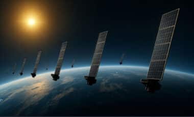 Illustration concept of a fleet of Internet Starlink satellites in orbit above planet Earth